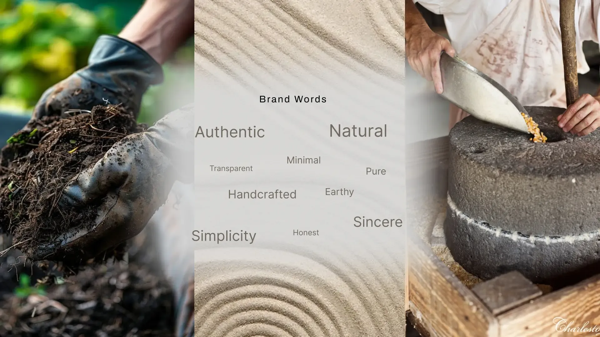 Brand word map: authentic, natural, minimal, transparent, pure, handcrafted, earthy, simplicity, honest, sincere