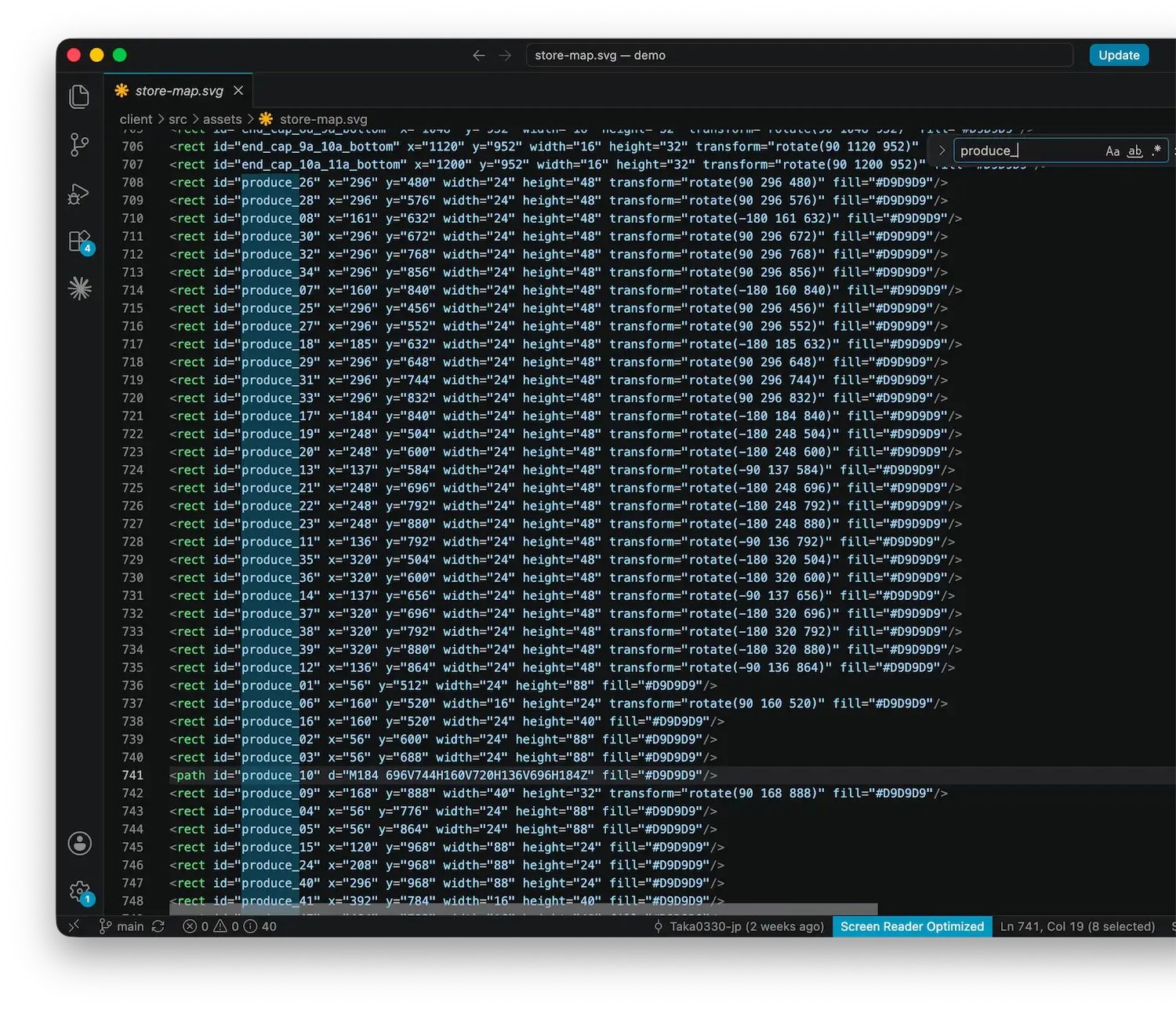 Code editor showing SVG rectangles with produce ID attributes and fill colors