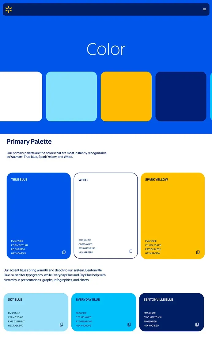Walmart brand center color page showing the primary palette of True Blue, White, and Spark Yellow