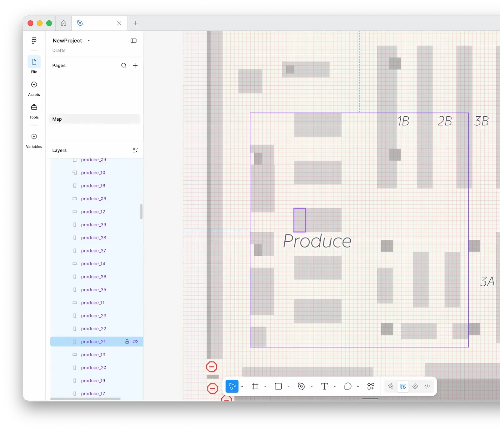 Figma layers panel listing dozens of individually named produce section layers