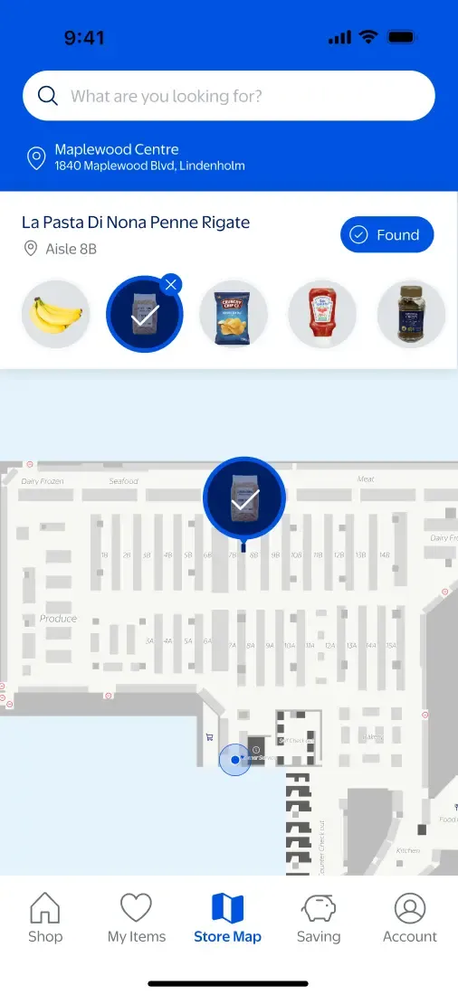 Final Store Map app design showing the Header List pattern with the selected item marked as Found, and a checkmark pin at aisle 8B on the map