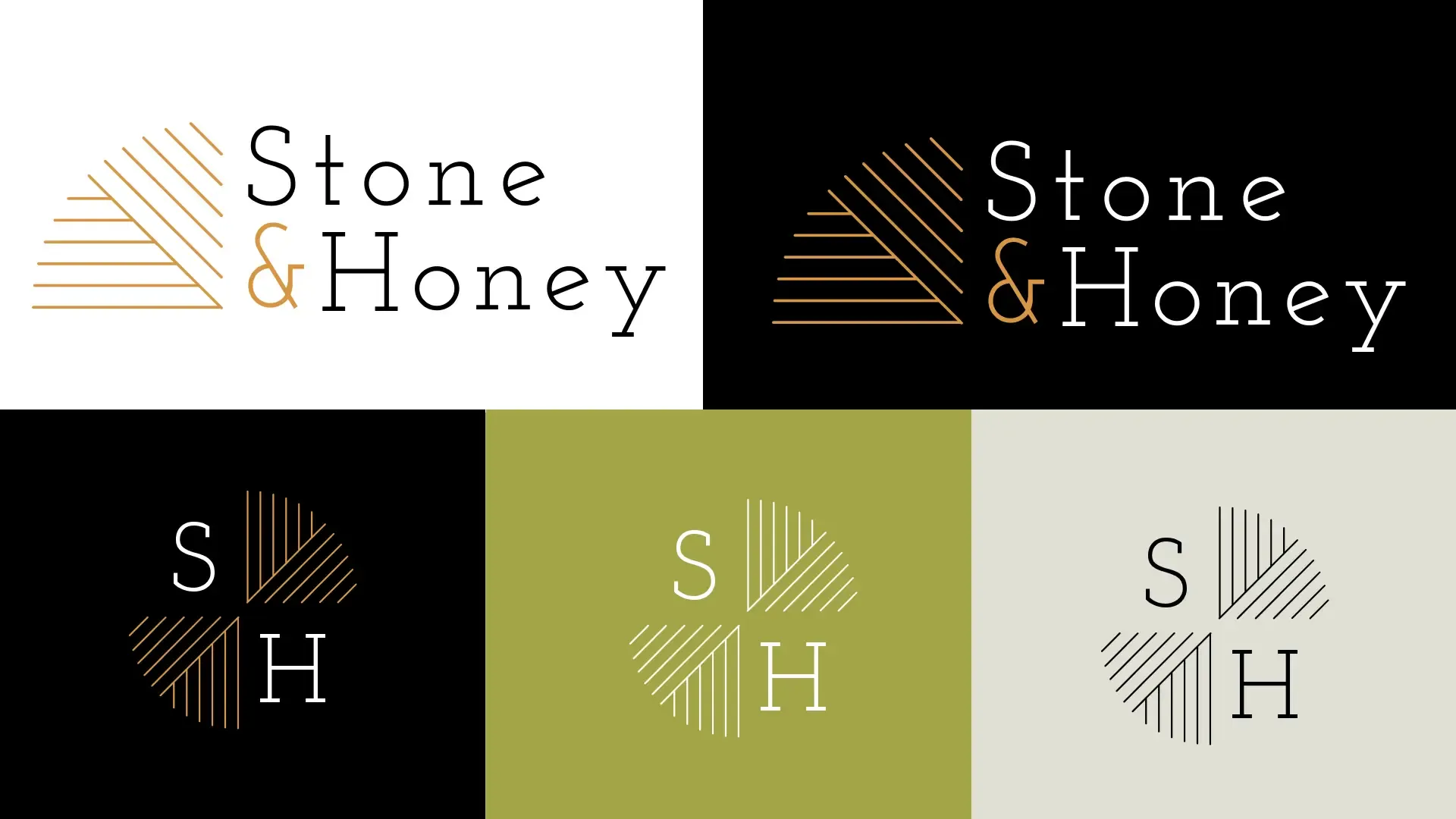 Final Stone & Honey logo system: wordmark and SH monogram across light and dark backgrounds