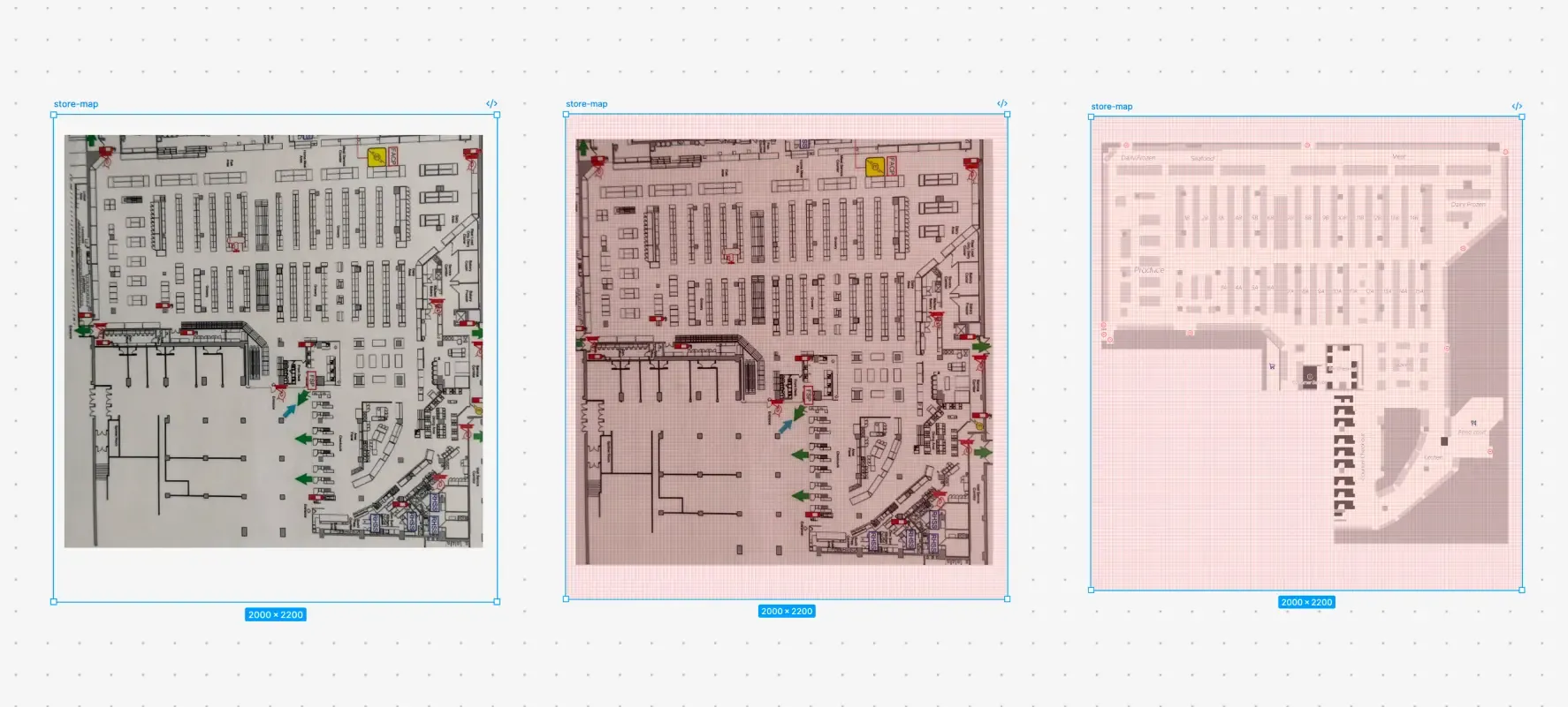 Three stages of the store map SVG: the scanned floor plan, the floor plan traced over an 8 by 8 pixel grid, and the final clean vector map