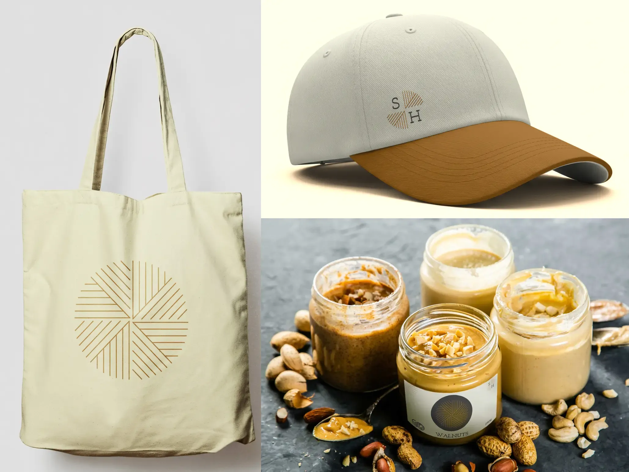 Stone & Honey merchandise mockup: tote bag, cap, and jars