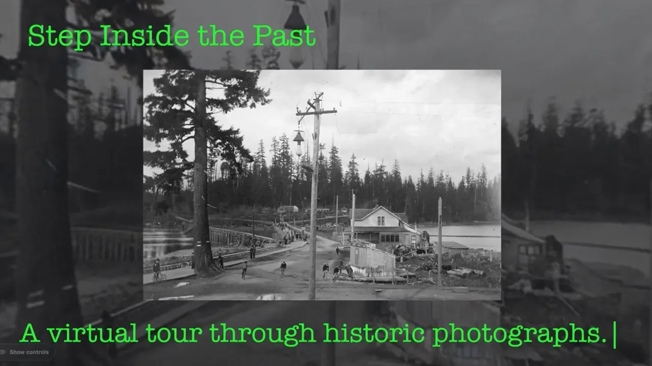 Historic black-and-white photograph presented as an immersive virtual tour
