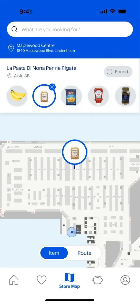 Store Map app screen showing an item found view with the product highlighted at aisle 8B on the store map