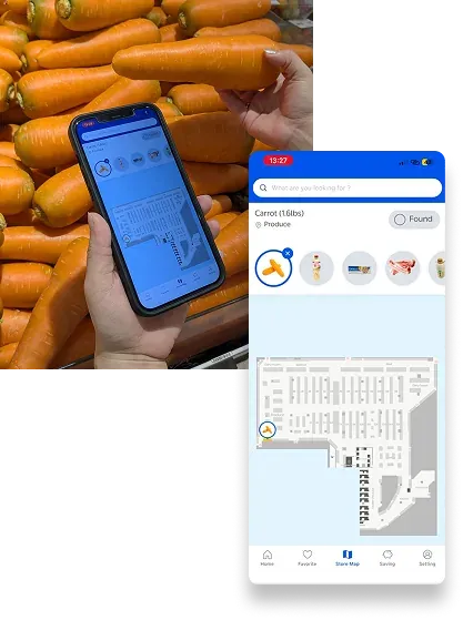 Header List pattern showing search results for carrots, overlaid on a photo of fresh carrots in the produce aisle