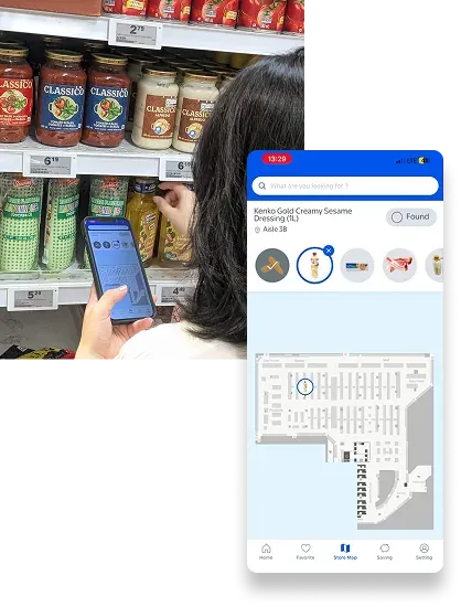 Header List pattern showing search results for salad dressing, overlaid on a photo of the condiment aisle