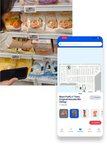 Bottom Sheet pattern showing item details for hotcake mix, overlaid on a photo of the snack aisle