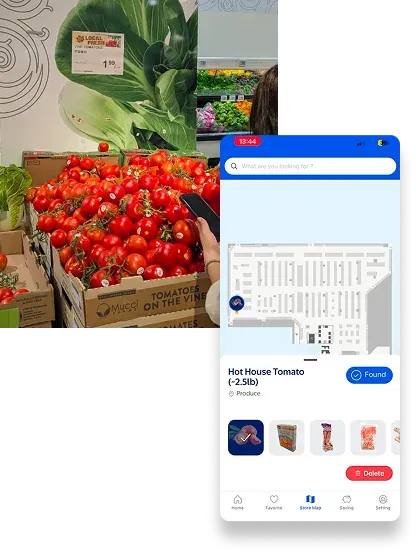 Bottom Sheet pattern showing an item marked as Found for tomatoes, overlaid on a photo of tomatoes in the produce aisle